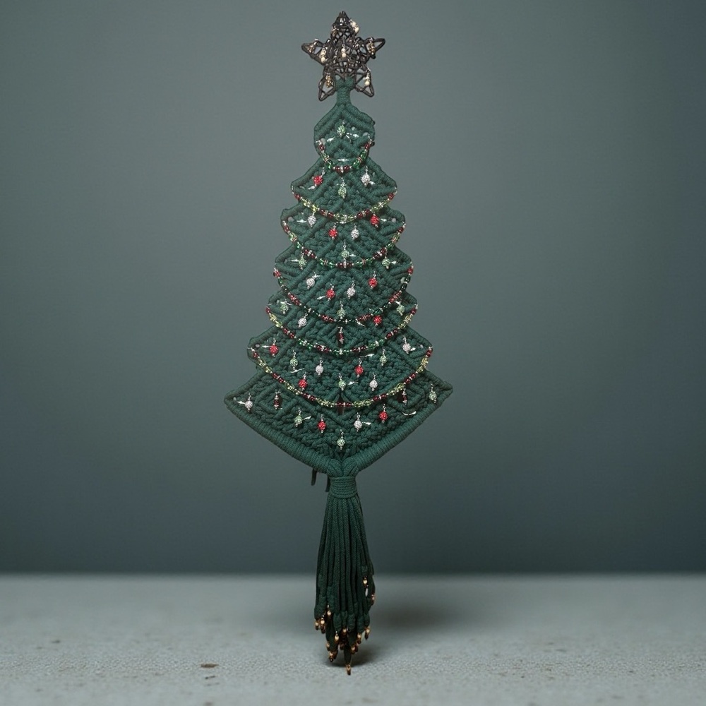 Festive Green Handcrafted Macrame Christmas Tree Light Up Wall Hanging